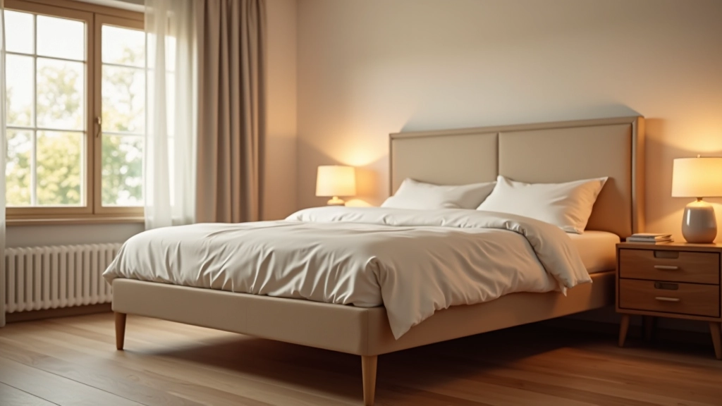 Bedroom with elevated bed frame, bedside table within reach, clear floor space, and safety railings on bed