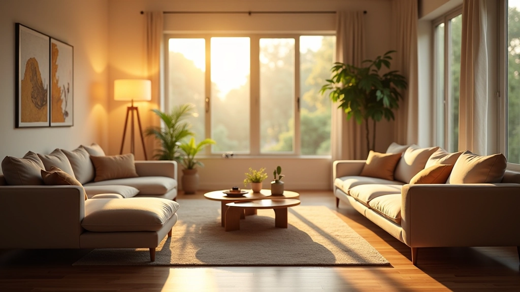 Bright modern living room with comfortable ergonomic furniture and warm natural lighting