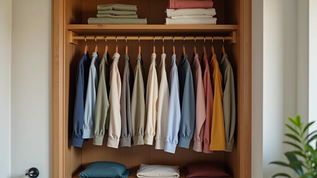 Well-organized closet with clothes grouped by type and color, clear shelving, and organized hangers