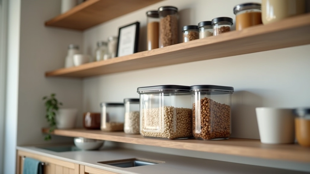 Modern kitchen pantry with clear labeled containers arranged by category on shelves, easy to see contents