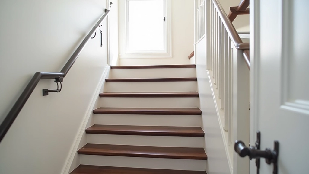 Well-lit staircase with contrasting edge strips, handrails on both sides, and clear step visibility