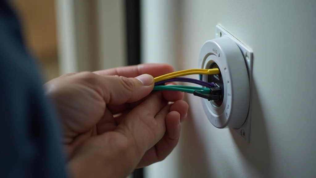Close-up view of thermostat wiring installation showing labeled wires and connection points on a beige wall